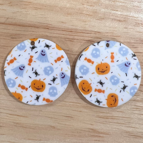 UV Printed Acrylic Halloween White Ghosts and Pumpkins Large Print Round Dangle Blanks with hole