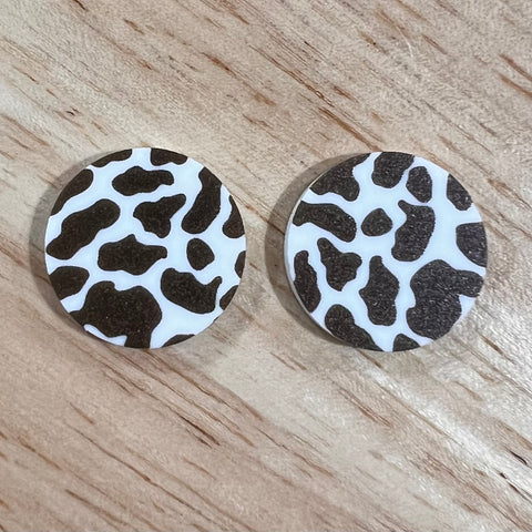 UV Printed 20mm Acrylic Dark Brown Cow Print Stud Blanks