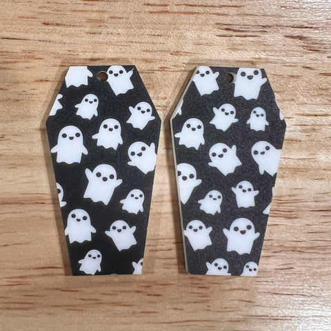 UV Printed Acrylic Halloween Black and White Ghosts Print Coffin Dangle Blanks with hole