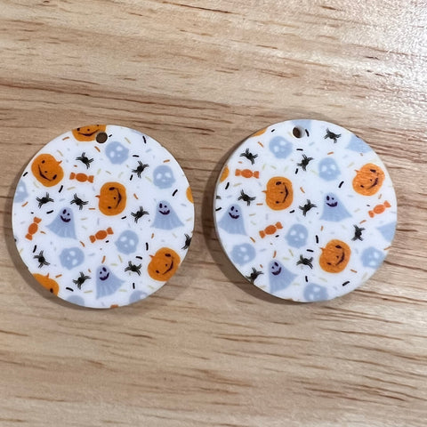 UV Printed Acrylic Halloween White Ghosts and Pumpkins Small Print Round Dangle Blanks with hole