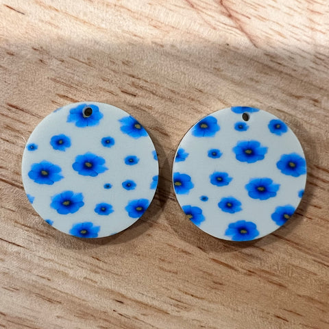 UV Printed Acrylic Blue/Beige Floral Print Round Dangle Blanks with hole