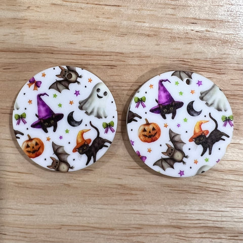 UV Printed Acrylic Bats, cats and pumpkins halloween Print Round Dangle Blanks with hole