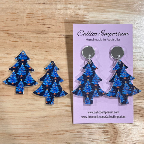 UV Printed Acrylic Black with Blue Christmas Tree Print and Shaped Dangle Blanks with hole