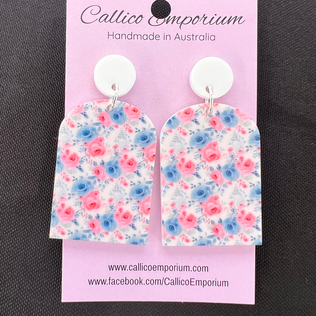 Blue/Pink Roses Print - UV Printed Arch Stud Dangles