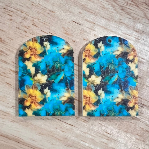 UV Printed Acrylic Blue/Green and Yellow/Gold Floral Print Arch Dangle Blanks with hole