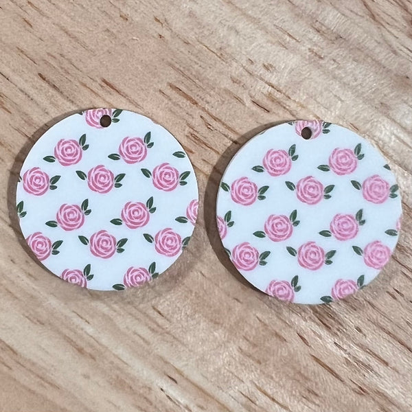 UV Printed Acrylic Pink Roses Print Round Dangle Blanks with hole