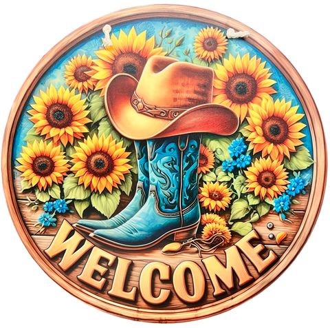 Welcome Country Sunflowers, Boots and Hat Door Hanger Sign