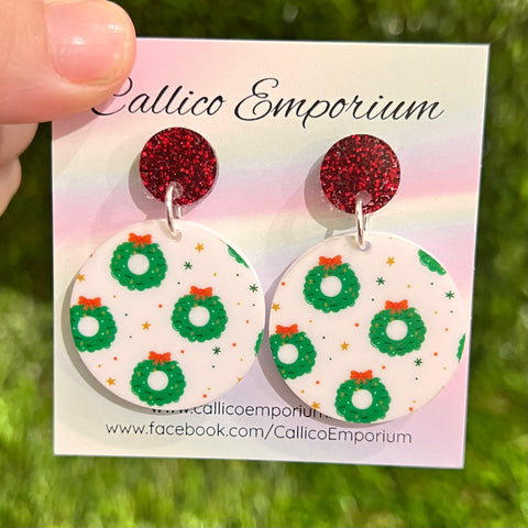 Christmas Wreath Print Dangle Earrings