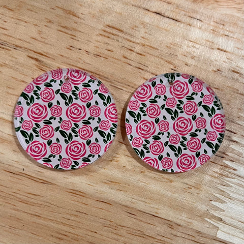 UV Printed Clear Acrylic Roses Print Round Dangle Blanks with hole