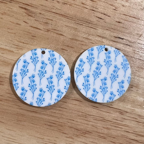 UV Printed Acrylic Blue Fine Line Floral Print Round Dangle Blanks with hole