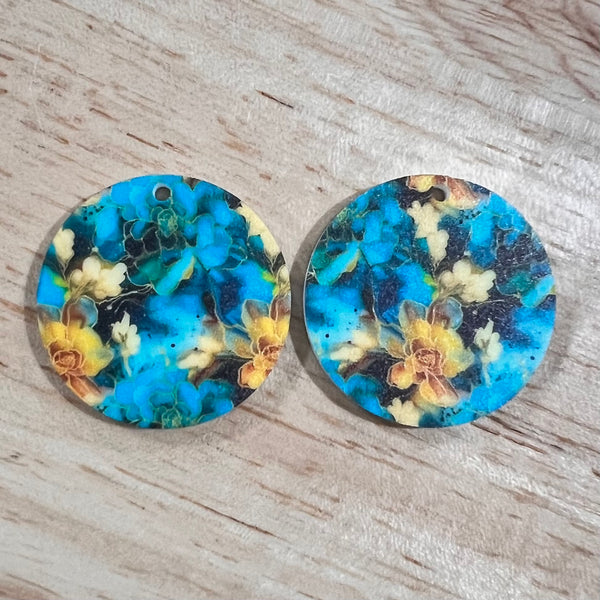 UV Printed Acrylic Blue/Green and Yellow/Gold Floral Print Round Dangle Blanks with hole