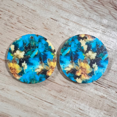 UV Printed Acrylic Blue/Green and Yellow/Gold Floral Print Round Dangle Blanks with hole