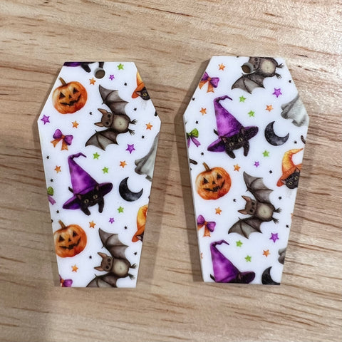 UV Printed Acrylic Halloween Bats, cats and pumpkins Print Coffin Dangle Blanks with hole