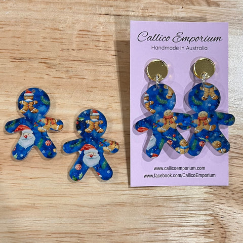 UV Printed Acrylic Blue Gingerbread and Santa Print and Shaped Dangle Blanks with hole