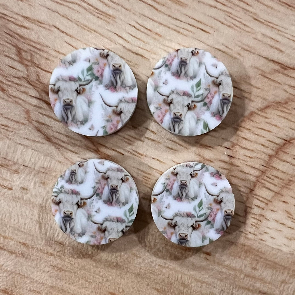 UV Printed 15mm Acrylic Floral Highland Cow Print Stud Blanks