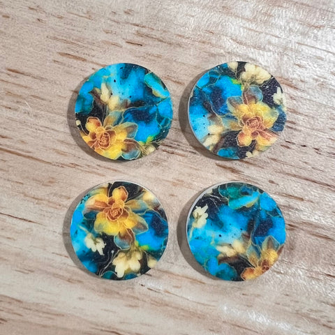 UV Printed 20mm Acrylic Blue/Green and Yellow/Gold Floral Print Stud Blanks