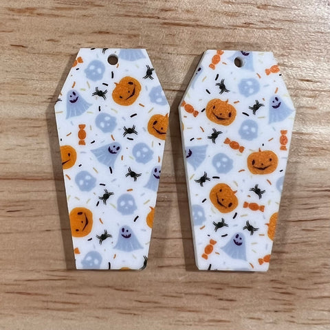 UV Printed Acrylic Halloween White Ghosts and pumpkins Small Print Coffin Dangle Blanks with hole