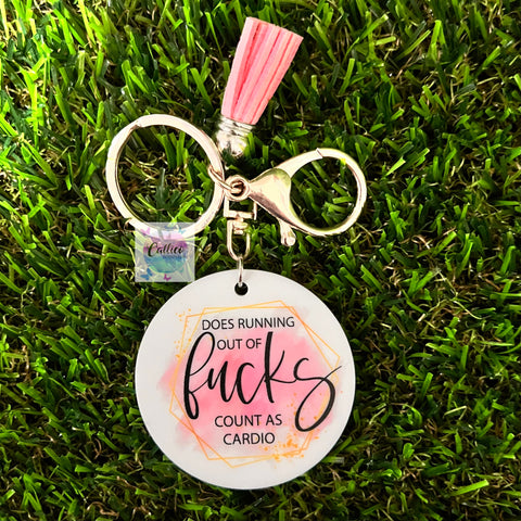 “Does running out of fucks count as cardio” Printed Acrylic Keyring