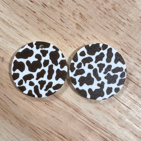 UV Printed Acrylic Dark Brown Cow Print Round Dangle Blanks with hole